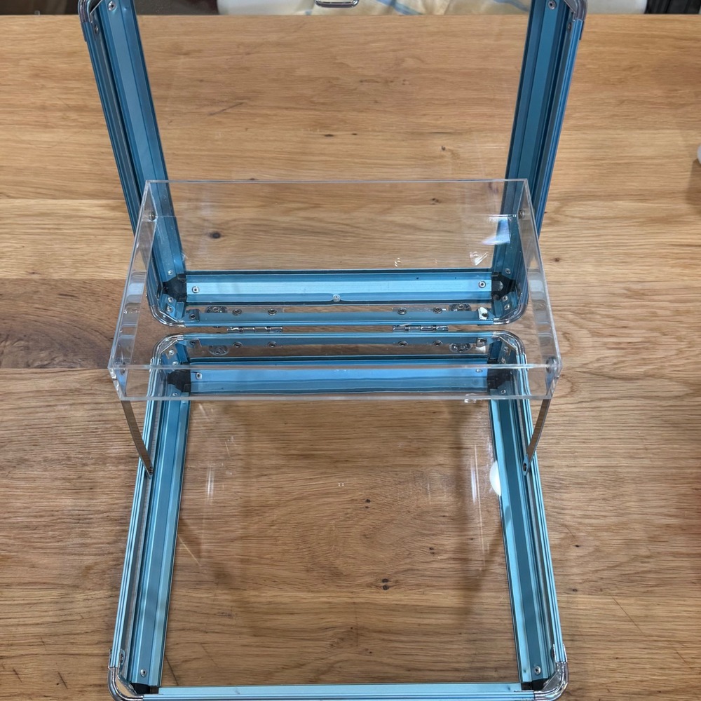Clear Acrylic Makeup Train Case Blue Aluminum Frame Cantilever Tray Organizer - Picture 4 of 7